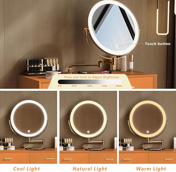Vanity Desk with Adjustable Mirror and Lights, Makeup Desk with Drawers and Chair, Dressing Table Set with Leather Surface, Small Vanity Table for Bedroom, 3 Lighting Modes (Orange)