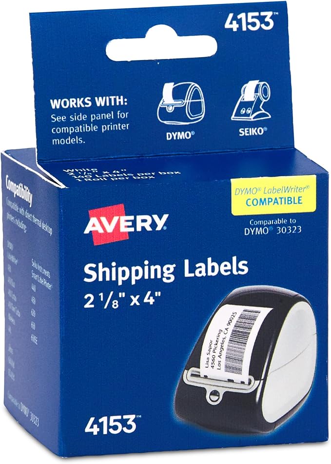 Avery Direct Thermal Shipping Labels, 2-1/8" x 4", White, Comparable to DYMO 30323, 1 Roll of Labels, 140 Total (4153)