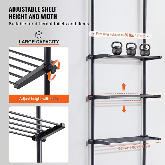 VEVOR Over Toilet Shelf, 4-Tier Adjustable AboveToilet Bathroom Storage, Low-Carbon Steel 53"-132" Tall Storage Shelf Rack, Easy Assembly Laundry Space Saver, for Small Rooms, Fit Most Toilets
