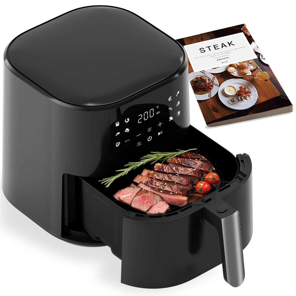 Qido Air Fryer, 5.28 QT Square Airfryer, 400°F Fast Heating Air Fryers Oven with One-Touch Presets, Auto-Off, Dishwasher-Safe Nonstick Basket, Multiple 8 in 1 Function, Compact Black