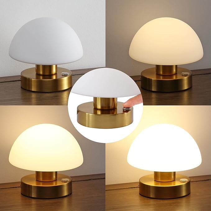 JONATHAN Y 5.75" Brass Gold/White Rechargeable Portable LED Table Lamp, Cordless Mushroom Accent Light for Bar, Nightstand, with Frosted White Glass Shade (JYL7113C)