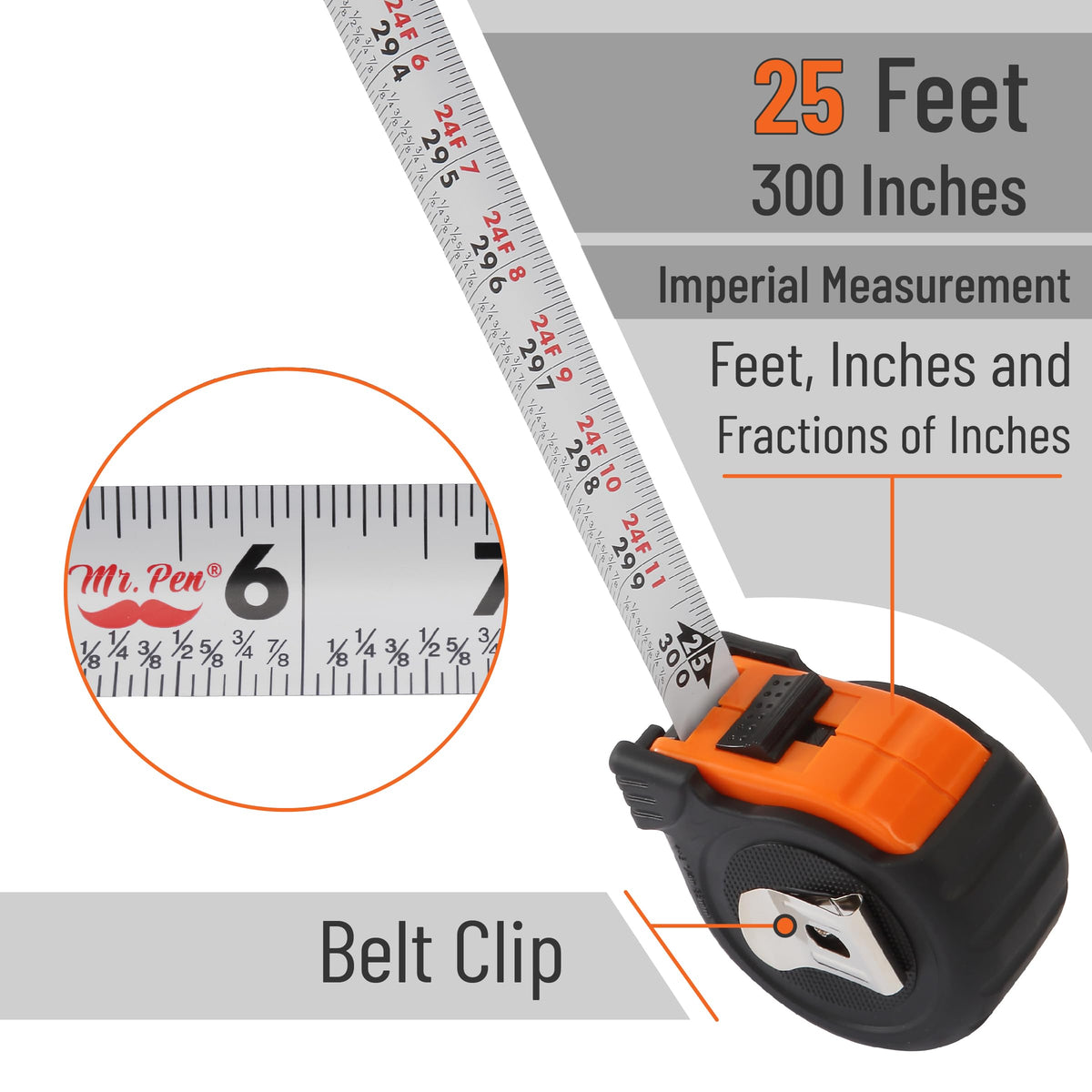 Mr. Pen- Retractable Tape Measure 25 ft, Orange, Easy Read