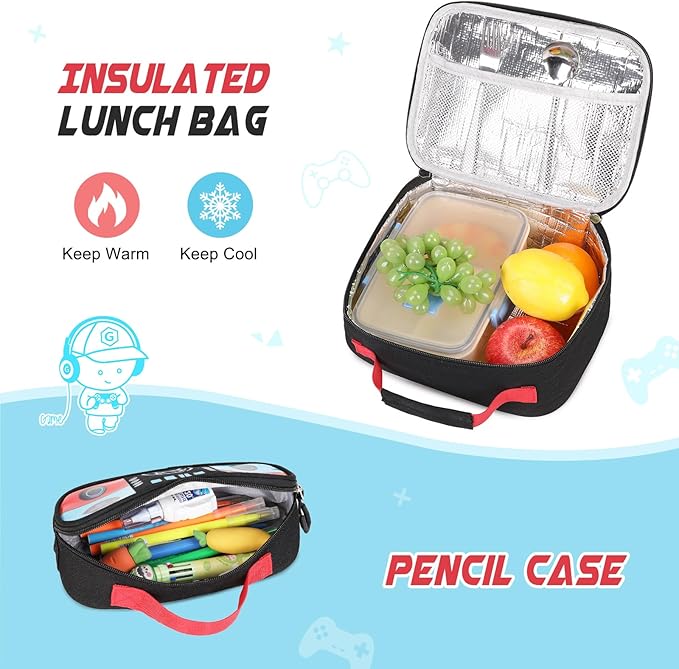 Bevalsa Backpack for School Boys, Cool Luminous Gamer Boys Backpack with Lunch Box & Pencil Pouch Set for Kids Children Teens Elementary Middle Schools, Schoolbag Bookbag Glow In The Dark (Red Blue)