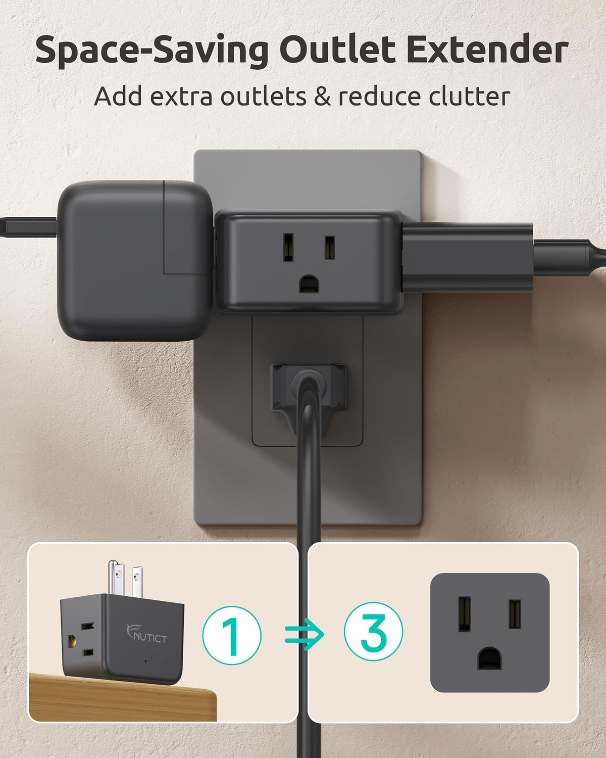 NUTICT Multi Plug Outlet Extender, Small Wall Plug Extender Adapter, Black