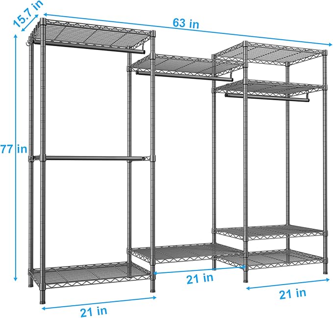 Ulif E13 Heavy Duty Clothes Rack（With 4 Hanger Rods & 8 Shelves） Freestanding Clothing Racks for Hanging Clothes，Adjustable Closet Organizer，Metal Garment Rack 63" W x16 D x77 H，Max Load 900LBS，Grey