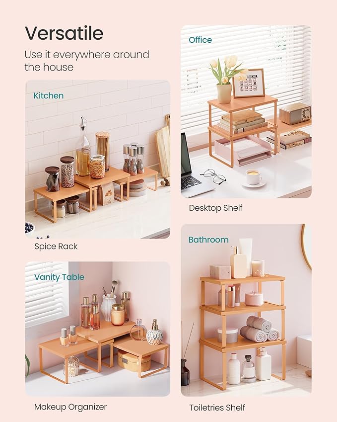SONGMICS Cabinet Organizer Shelf, Set of 3 Kitchen Counter Shelves, Kitchen Storage, Spice Rack, Stackable, Expandable, Apricot UKCS220Y01V1