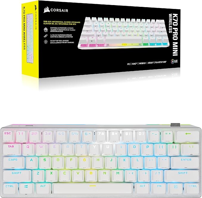 Corsair K70 PRO MINI Wireless RGB 60% Mechanical Gaming Keyboard - Fastest Sub-1ms Wireless, Swappable Cherry MX Speed Keyswitches, Aluminum Frame, PBT Double-Shot Keycaps - NA Layout, QWERTY - White