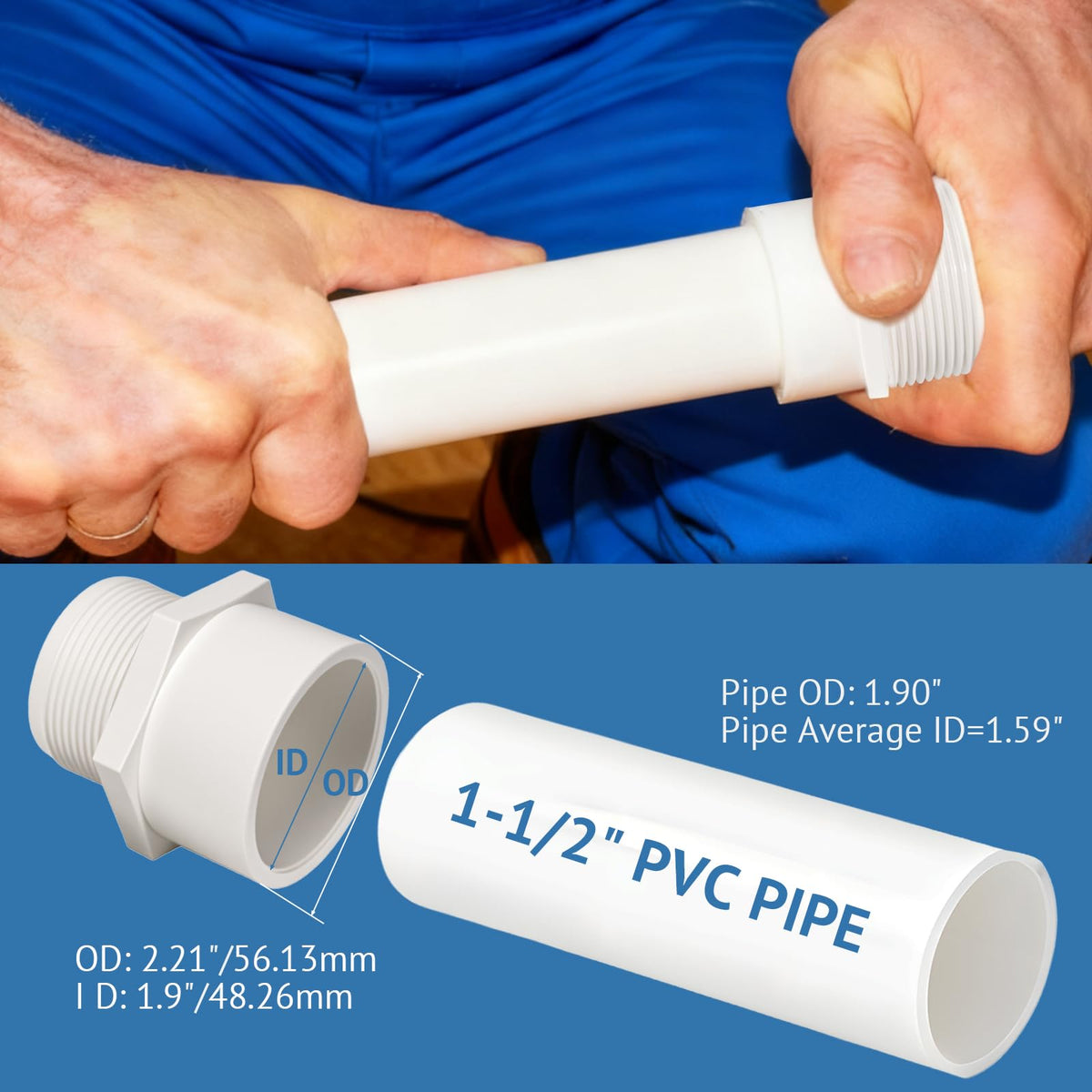 1.5 Inch Male Thread PVC Fittings White 2-Way PVC Pipe Coupling Adapter Connectors Coupling for 1-1/2 Inch Schedule 40 Pipe（2 Pack）