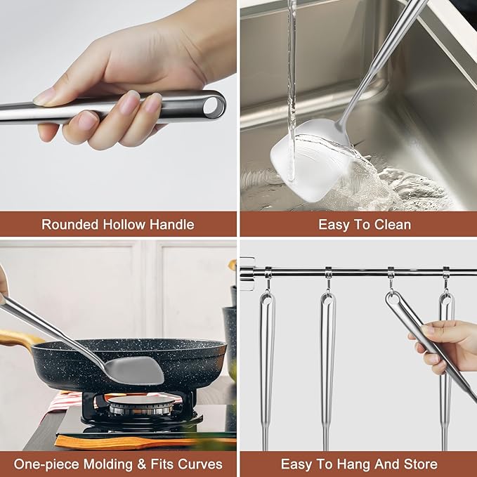 304 Stainless Steel Cooking Utensils Set, 10pcs Long Metal Kitchen Utensils Set Come with Spoon, Potato Press, Spatula, Ladle, Skimmer, Turner, Pasta Server