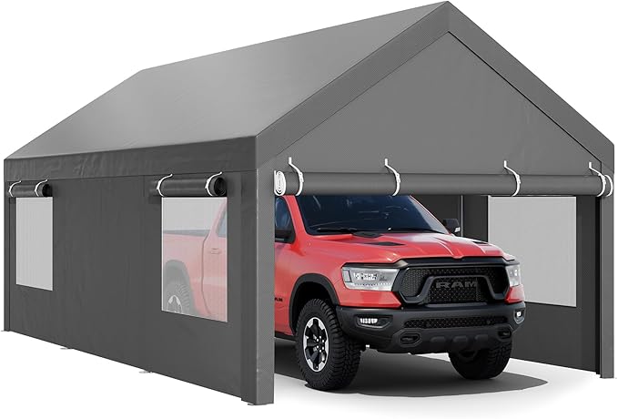 JY QAQA Carport, 12x20 FT Heavy Duty Carport with Removable Side Walls and Doors, Portable Garage with Roll-Up Window and Sandbags, Car Canopy with All-Season Tarp for Cars, Trucks, Boats, Grey