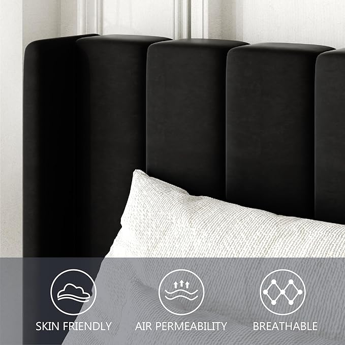 King Size Bed Frame with Wingback Headboard, Upholstered Platform Bed, No Box Spring Needed, Sturdy Wooden Slat Support, Easy Assembly, Black