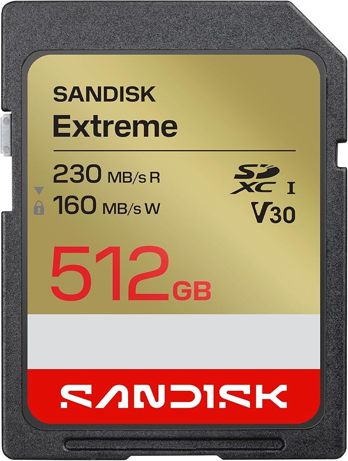 SANDISK 512GB Extreme SD UHS-I Card - Up to 230MB/s Read Speed and 160MB/s Write Speed, 4K UHD Video, U3, V30 - SDSDXV9-512G-GUCIN
