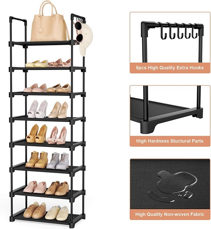 LANTEFUL Tall Shoe Rack 8 Tiers, 16-20 Pairs Shoe and Boots Organizer Storage Sturdy Shoe Shelf, Narrow Vertical Shoe Rack for Entryway, Closet, Metal Shoe Organizer with 5 Hooks