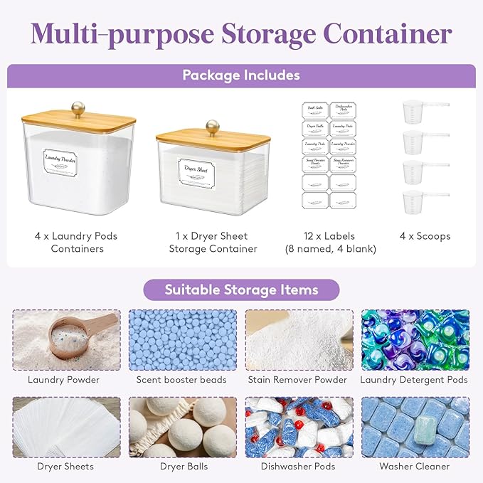 Lifewit Large Laundry Pods Container& Dryer Sheet Holder, Laundry Storage Containers, Laundry Room Organization Storage Jars for Powder, Scent Booster Beads,Bamboo Lid,0.53+0.7 gal,5 Pcs