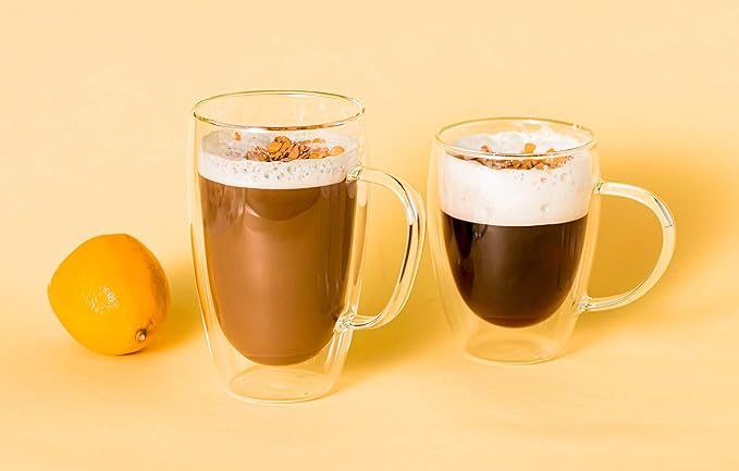 MEWAY 12oz/4 pack Coffee Mugs,Clear Glass Double Wall Cup with handle for Coffee, Tea, Latte, Cappuccino (12 oz，4)