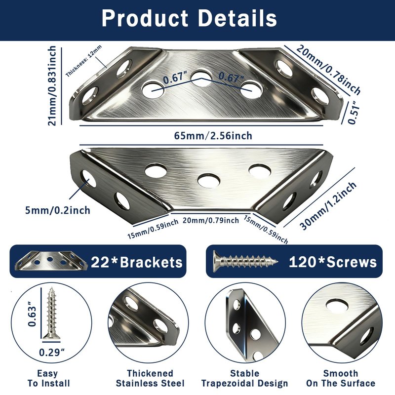 22-Pack Stainless Steel L Bracket with 120 Pieces Self-Tapping Screws, Universal Triangular Support Corner Bracket for Wood Furniture, L Brackets for Shelves, Drawers, Cabinets, Tables, and Chairs