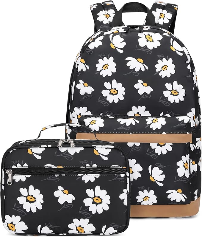 Girls Backpack with Lunch Box for Middle Elementary School,17 inch Kids School Backpack with Lunch Bag Set Black Daisy Lightweight