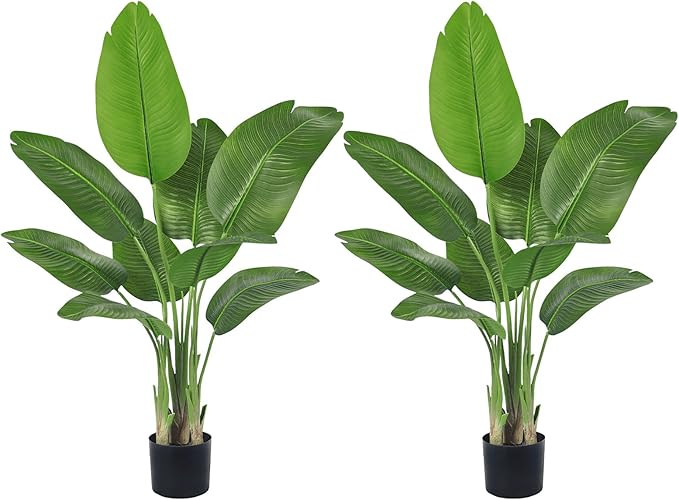 2 Pack Birds of Paradise Plant Artificial, 4FT Fake Plants Faux Banana Leaf Tree with 9 Banana Leaves, Lifelike Tall Fake Tropical Indoor Silk Floor Plant in Black Pot for House,Office,Room,Home Decor