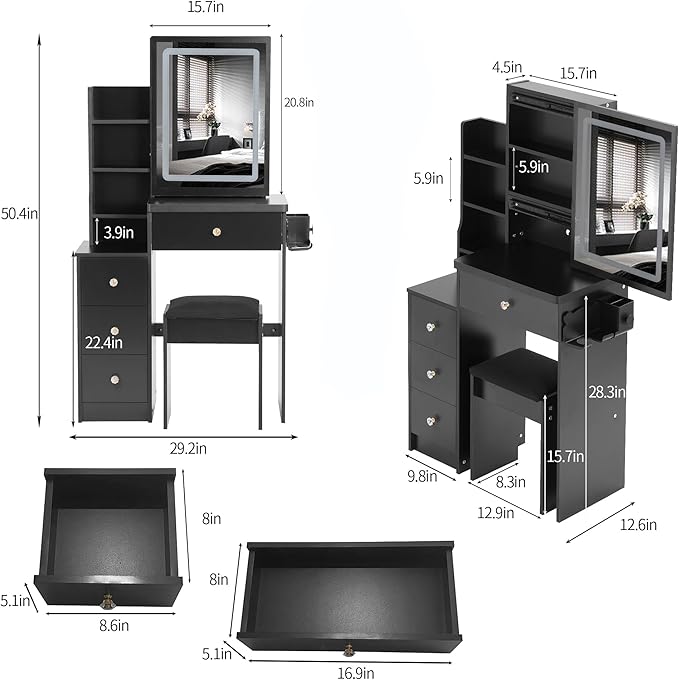 29.2" Small Vanity Desk with Mirror and Lights, Makeup Table with 2 AC+2 USB Power Station, Hair Dryer Bracket, Vanity Set with Drawers and Stool for Small Space Bedroom, Black