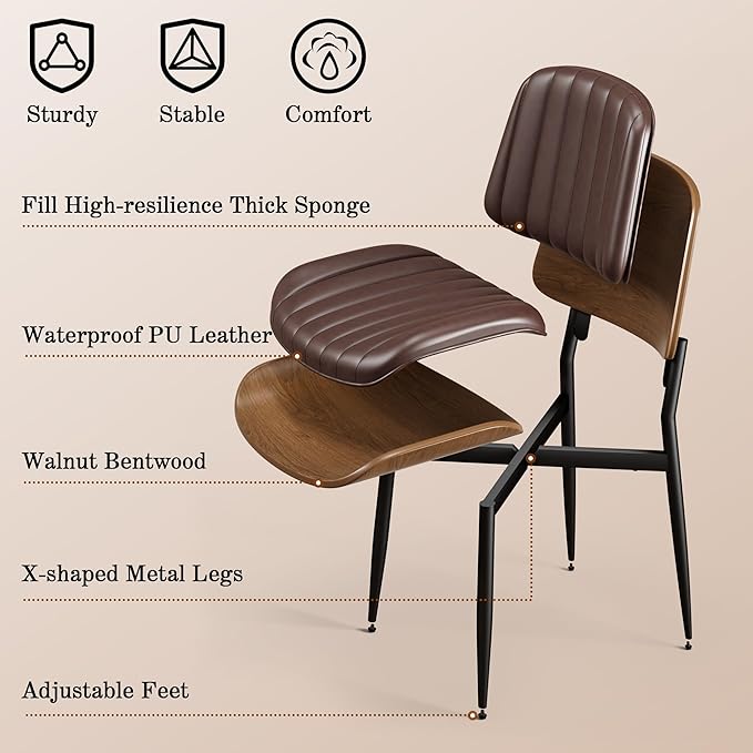Dining Chairs Set of 8, Mid-Century Modern Upholstered PU Leather Chairs with Walnut Bentwood Back and Metal Legs Adjustable Feet for Kitchen Dining Living Room, Dark Brown Vertical Stripes