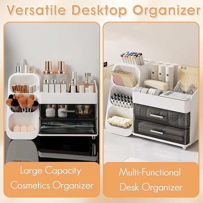 Makeup Organizer with Drawers for Vanity, Countertop Brush Holder, Counter Skincare Cosmetic Display Case Storage Box for Beauty Essentials, Women Make up Storage Solution for Bathroom Dresser Desk