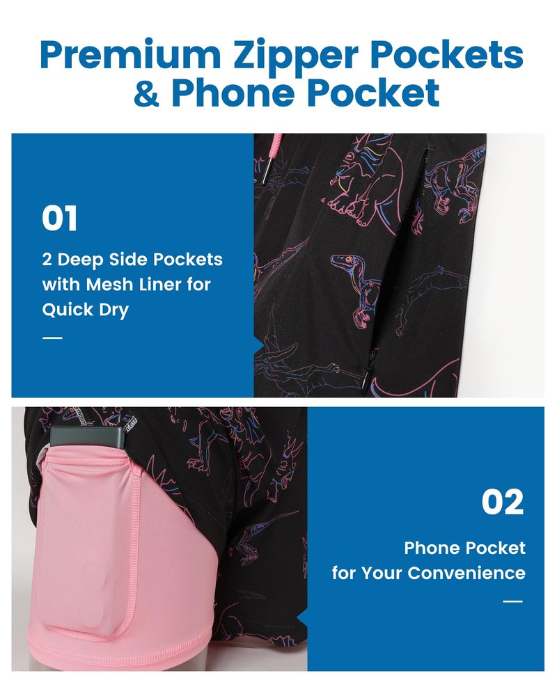 maamgic Mens Swim Trunks with Compression Liner 5 Inch, Quick Dry Bathing Suit with Zipper Pockets, Stretch No-Chafing Swim Shorts, Black-Pink Dinosaur Large