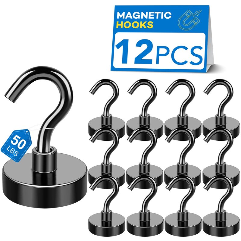 LOVIMAG Magnetic Hooks, 50lbs+ Magnets Hook 2026 Cruise Cabin Ship Essentials Heavy Duty Black Strong Magnet Refrigerator Fridge Hanging for Classroom Beach Vacation Kitchen Grills Home 12 Pack