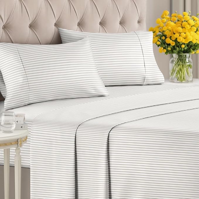 Grey Striped Sheets - 1 Flat & 1 Fitted Sheet & 2 Pillowcases w/ Deep Pockets - Comfy, Cozy, Wrinkle & Fade Resistant - Ultra Soft, Breathable and Cooling - Luxury Pinstripe Bedding - King Size
