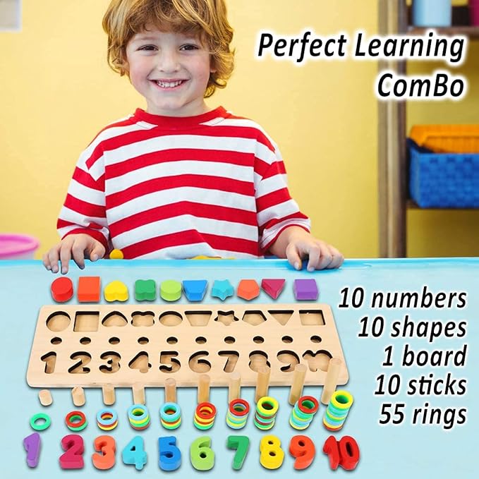 CozyBomB™ Montessori Educational Wooden Toys for Kids Toddler Number Puzzles Sorter Counting Shape Stacker Stacking Game Preschool Math Blocks Toys Gifts for Boy Girl Birthdays Christmas Holidays