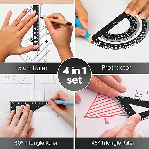 MSDADA Triangle Ruler, Protractor, Square and Ruler Set, 4 Pieces Aluminum Alloy Ruler, Metal Drafting Ruler Kit, Geometric Protractor for Student, School, Home, Office (Black, 15cm/5.9inch)