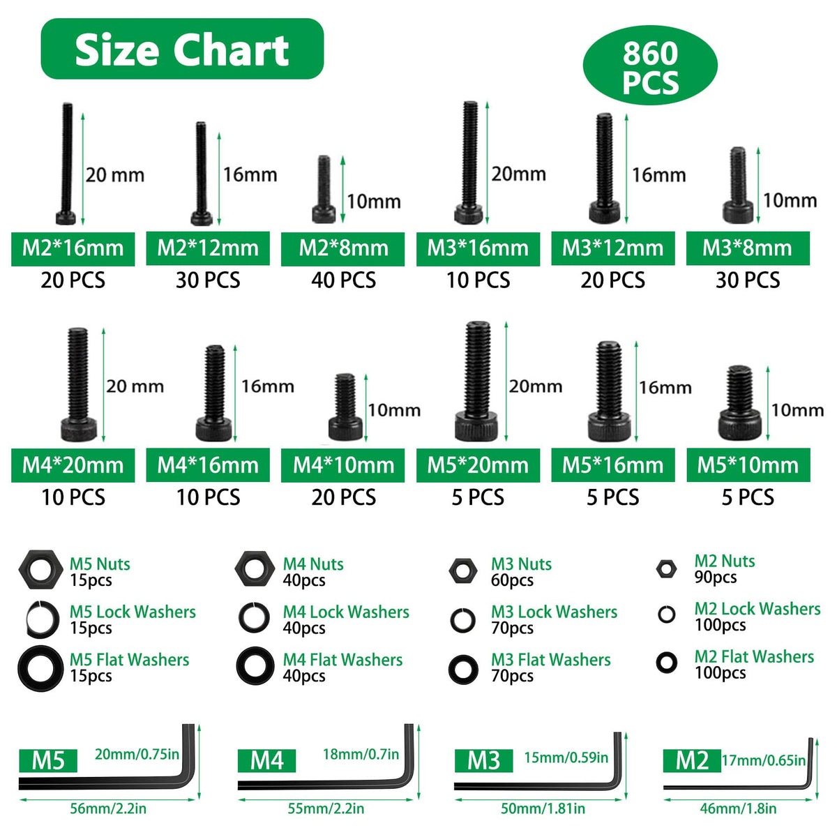 860PCS Metric Screw Assortment Kit, M2 M3 M4 M5 Machine Screws with Lock & Flat Washers, 12.9 Grade Alloy Steel, Metric Hex Socket Head Cap Nuts and Bolts Assortment Kit with 4 Wrenches