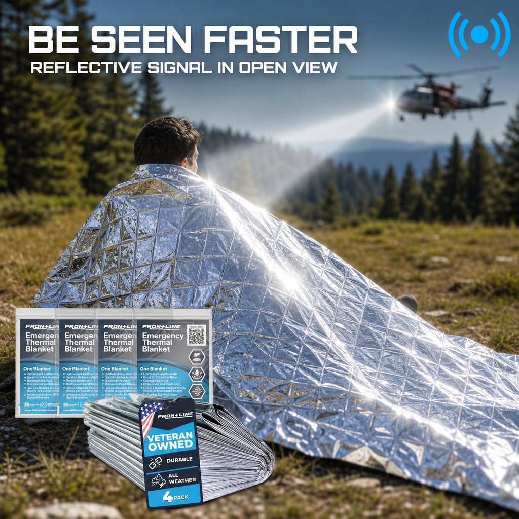 FRONTLINE Mylar Emergency Blankets 54" x 84" | Lightweight Thermal Survival Space Blanket, Waterproof & Windproof Foil Blanket for Camping, Hiking, First Aid & Disaster Preparedness (4)