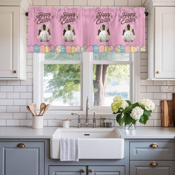 Pink Easter Curtain Valances for Windows, Kitchen Valance Window Treatment