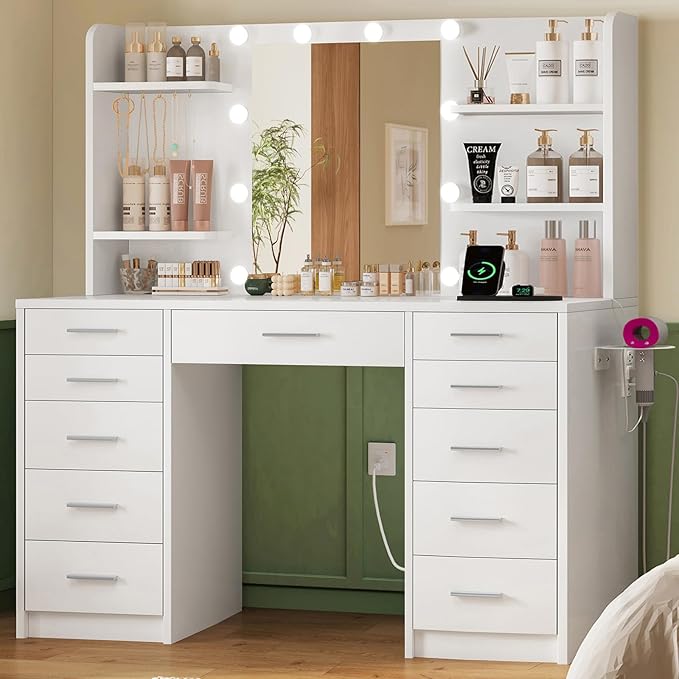 Quimoo 47.2" Large Vanity Desk with Mirror and Lights, White Makeup Vanity with 11 Drawers & 6 Open Shelves, 3 Color Modes & Adjustable Brightness for Girls Bedroom