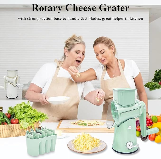 AYUBOC 5 in 1 Rotary Grater, Kitchen Artifact 5 in 1 Food Chopper, AYUBOC 5 in 1 Gourmet Cheese Grater, 5 in 1 Cheese Grater, 5 in 1 Hand Crank Food Chopper-Green|5 Group Blades