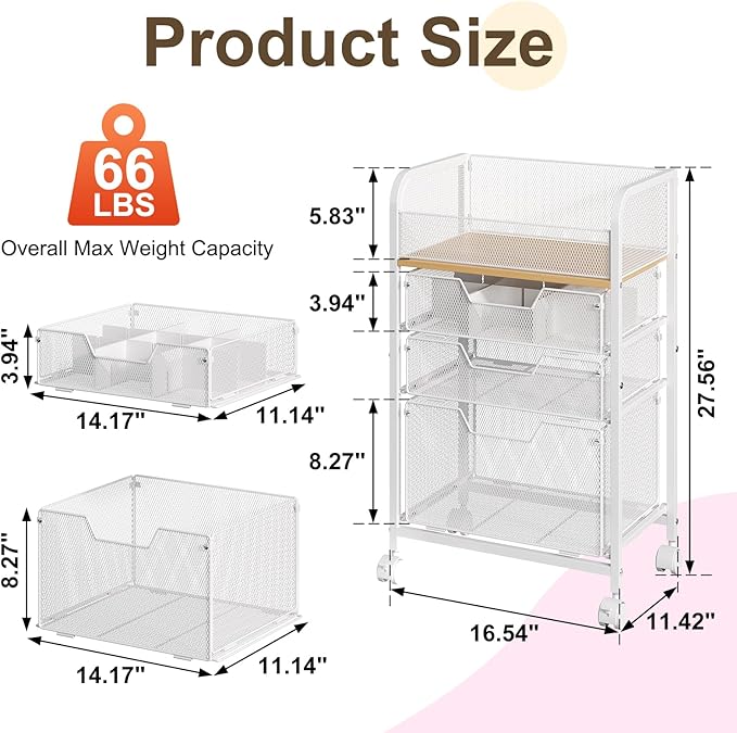 Rolling Makeup Cart Organizer with 3 Drawers, Floor Skincare Organizers with Wheels, Cosmetics Display Cases, Vanity Storage Organizer for Skin Care Perfume Nail Polish, White