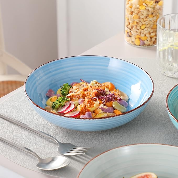 vancasso Bonita Pasta Bowls Set of 6, 38 oz Shallow Bowls, 8.5 Inch Ceramic Pasta Plates and Salad Bowls, Microwave & Dishwasher Safe Serving Bowls, Blue