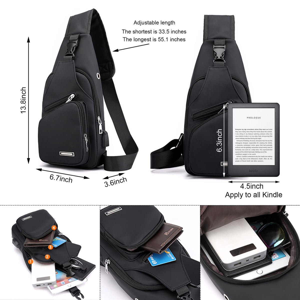 Sling Bag Crossbody Backpack for Men Women with Charger & Headphone Hole