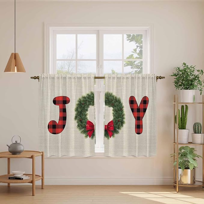 Red Green Christmas Kitchen Tier Curtains 45 Inch Long 2 Panel Set, Rod Pocket