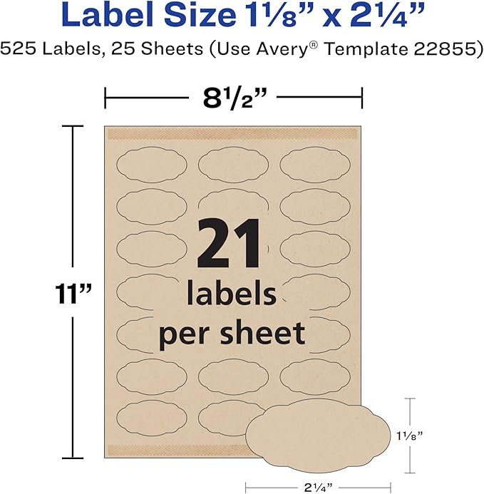 Avery Kraft Brown Scalloped Oval Labels with Sure Feed Technology, 1-1/8" x 2-1/4", Print to The Edge, Laser/Inkjet Printable Labels, 525 Total (22855)