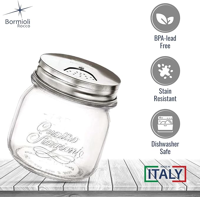 Bormioli Rocco Quattro Stagioni Mason Jar with Salt Shaker Lid - ClearSilver, Set of 2