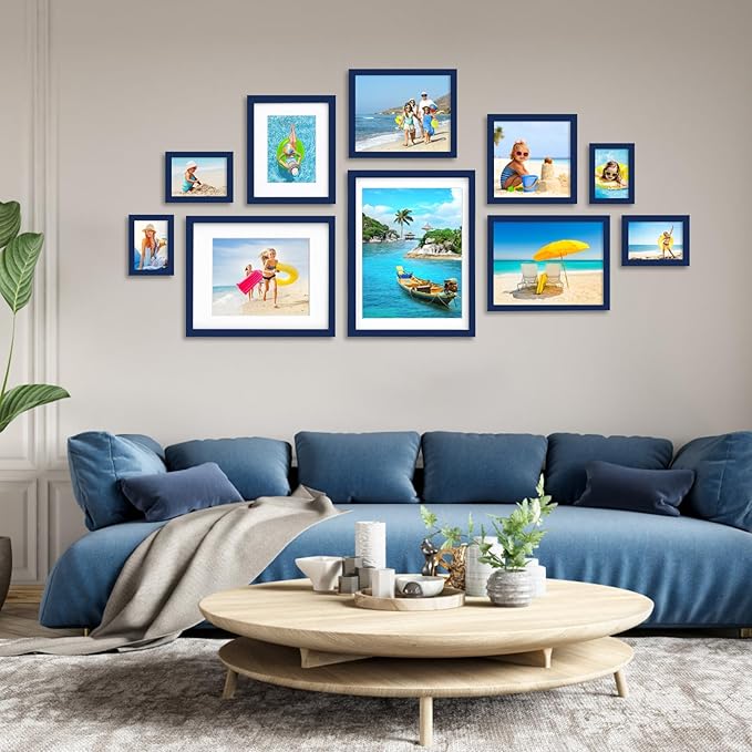 Egofine 12x16 Picture Frame Made of Solid Wood, Display Covered by Plexiglass, Display Pictures 9x12/11x14 with Mat or 12x16 Without Mat for Wall Mounting, Navy Blue