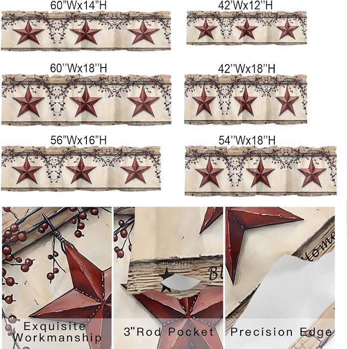 Farmhouse American Valances for Windows, Country Star Berries Vintage Wood