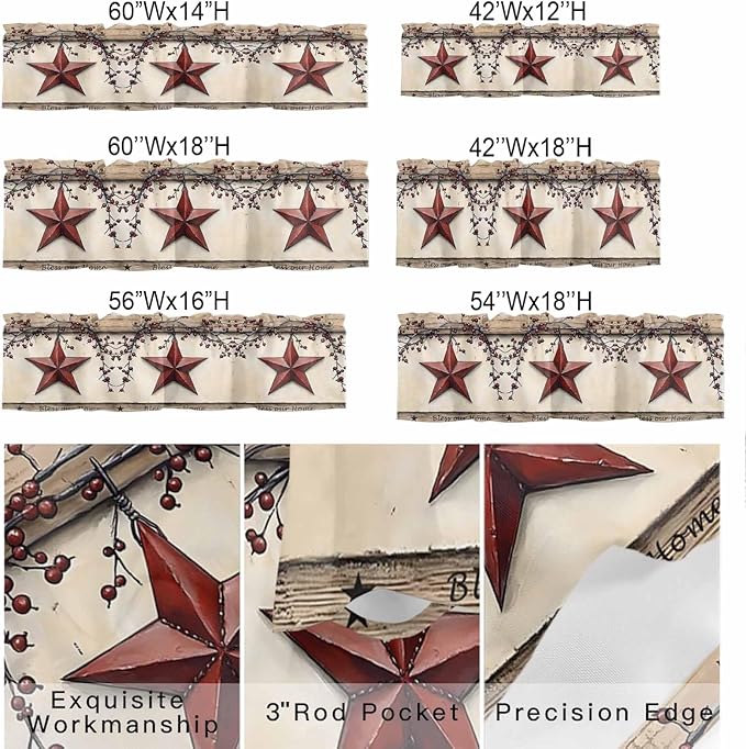 Farmhouse American Valances for Windows, Country Star Berries Vintage Wood