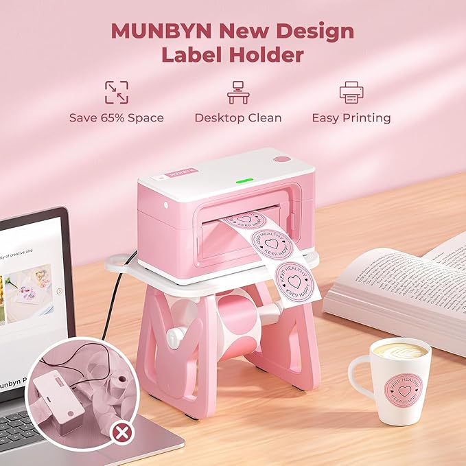 MUNBYN Bluetooth Thermal Label Printer, 4x6 Shipping Label Printer+2 Inch Pink Circle Thermal Sticker Labels+Label Holder for Rolls and Fanfold Labels