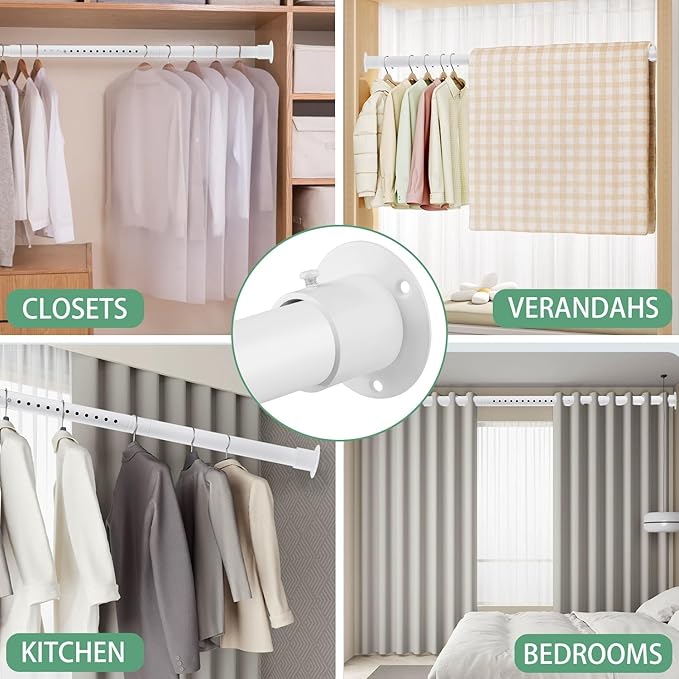 Closet Rods for Hanging Clothes, 1.3 Inch Diameter Heavy Duty Closet Rod 17-39 Inch Adjustable Clothes Hanging Bar Matte White Shower Curtain Rods for Closet, Wardrobes, Bathroom, Windows