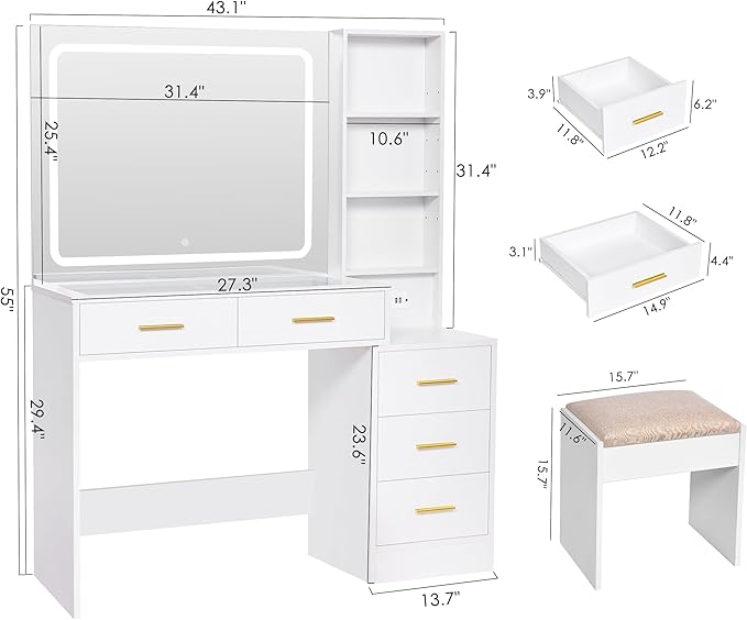 BEWISHOME Makeup Vanity Desk with Mirror and Lights,White Vanity Table with Glass Top,Makeup Desk with Power Outlet,5 Drawers,3 Lighting Modes,Stool,Nightstand,Dressing Table for Bedroom Girls FST29W