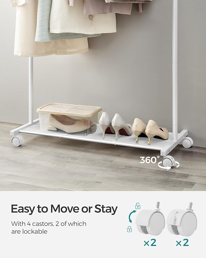 SONGMICS Clothes Rack with Wheels, Clothing Rack for Hanging Clothes, 25.4 mm Metal Garment Rack with Dense Mesh Storage Shelf, 110 lb Load Capacity, 2 Brakes, Cloud White UHSR025W01