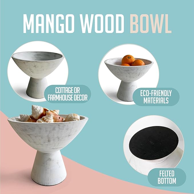 Whitewash Pedestal Bowl - 8 Inch, Wide Whitewash Footed Bowl as Fruit, Key, Decorative, Candy Holder or Centerpiece, Wooden Bowl Decorative for Kitchen, Dining Table & Home Accessories