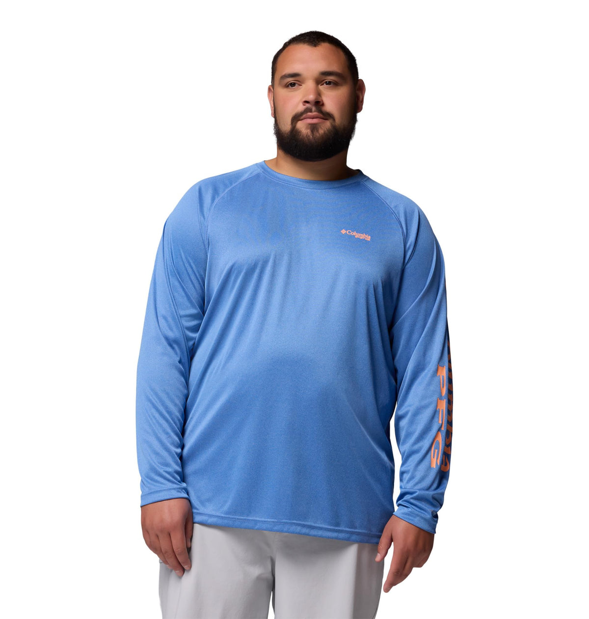 Columbia Men's PFG Terminal Tackle Long Sleeve Fishing Shirt, Vivid Blue Heather/Bright Nectar Logo, Medium